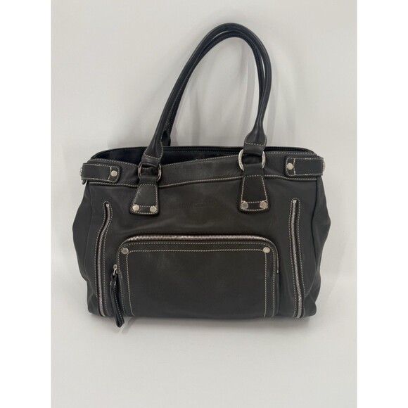 LONG CHAMP Charcoal Gray Leather Shoulder Bag Exterior Pocket 9.75"x13.75x4.25" - Picture 8 of 16